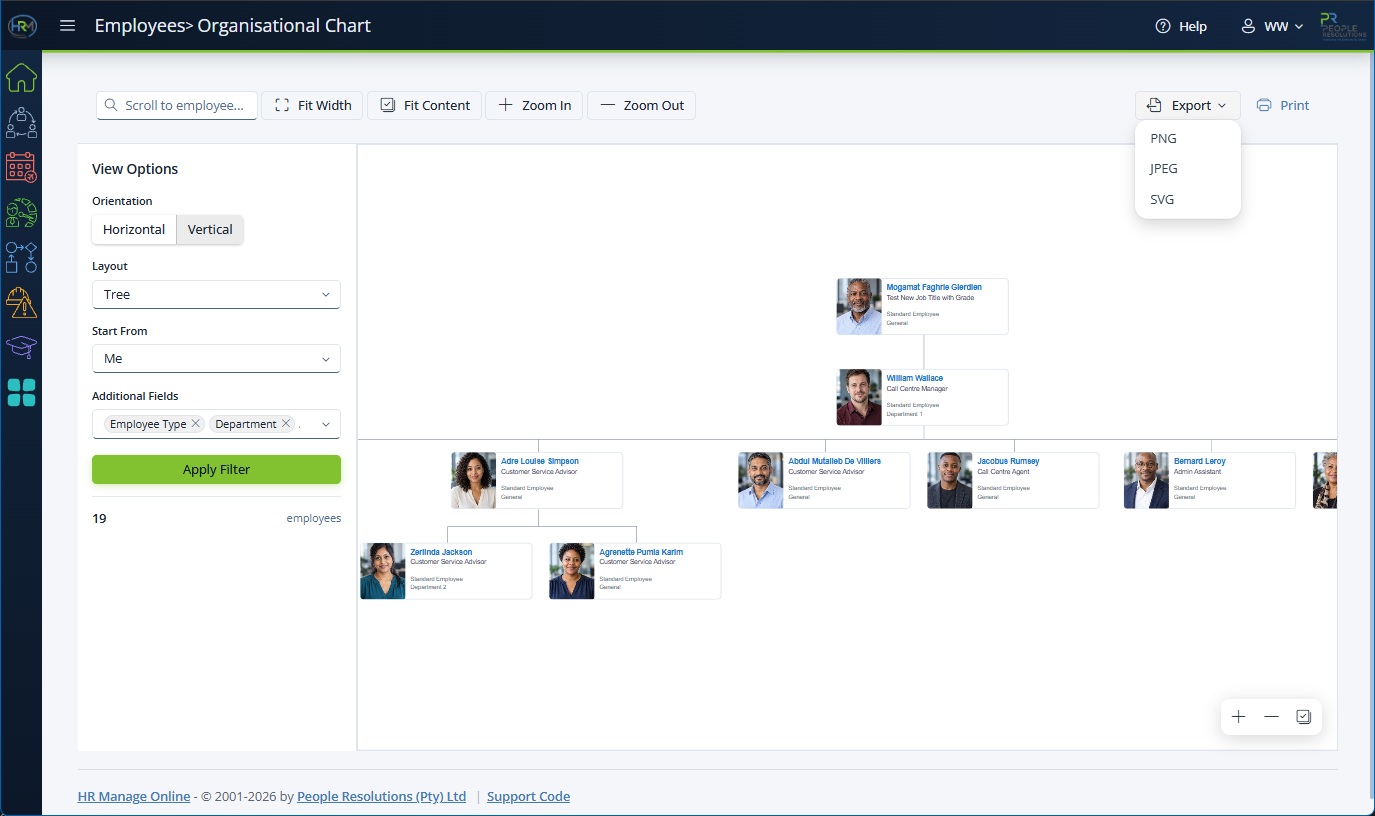 HR Manage web app org chart in a vertical tree layout, with export to PNG, JPEG or SVG